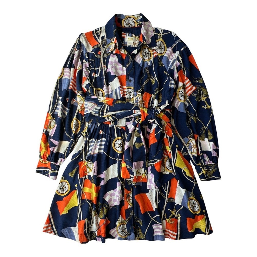 Anthropologie Maeve Nautical Mini Shirtdress Womens S Navy Blue Belted Nautical